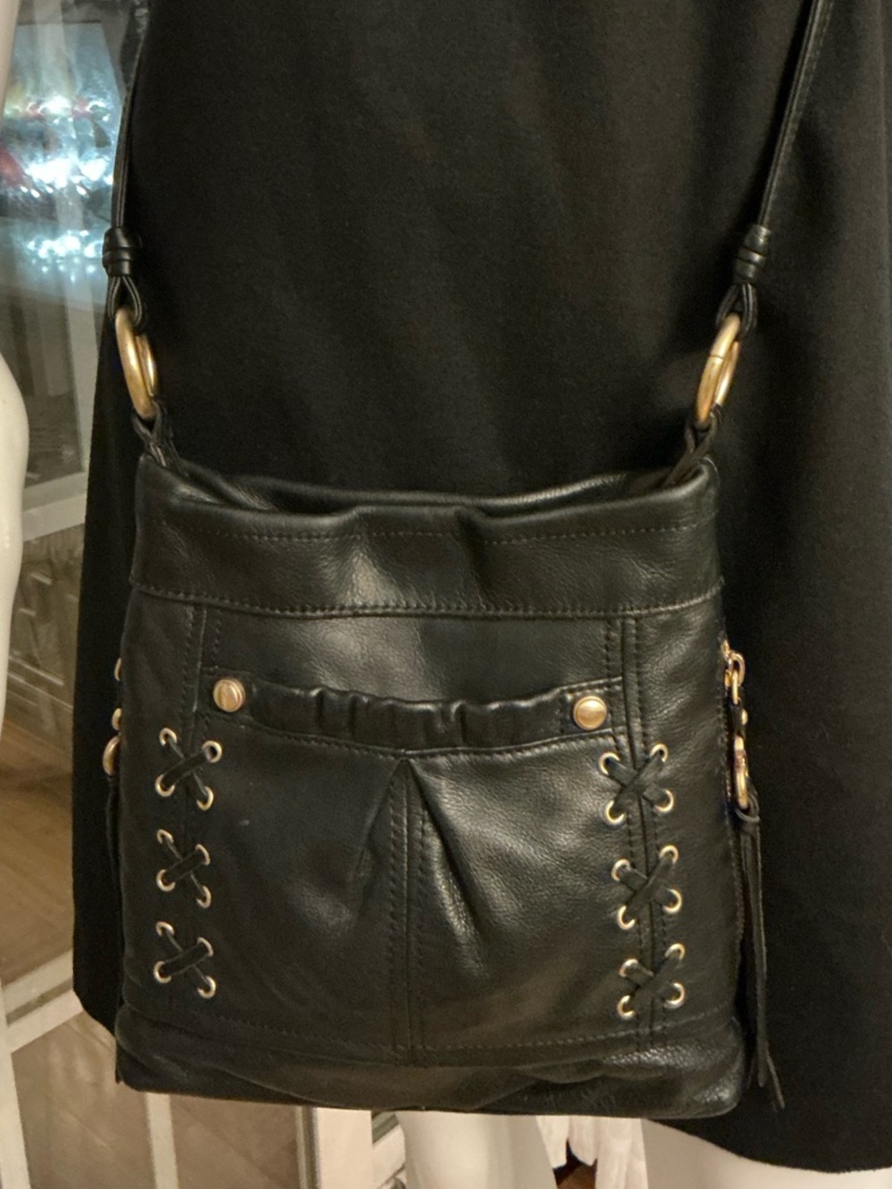 Rebecca Minkoff Black Fringe Leather Shoulder Bag Gold Detail Festival Crossbody - Picture 4 of 10